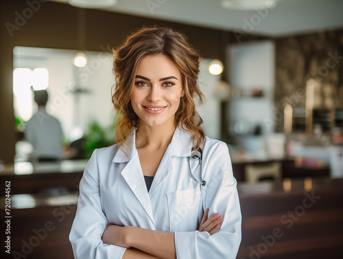 Portret pięknej kobiety lekarki uśmiechniętej, biały fartuch stetoskop i szpital w tle