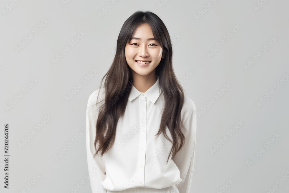 a lovely Asian girl with flawless skin and flowing long hair, set against a clean white background for a crisp and timeless aesthetic. Generative AI.