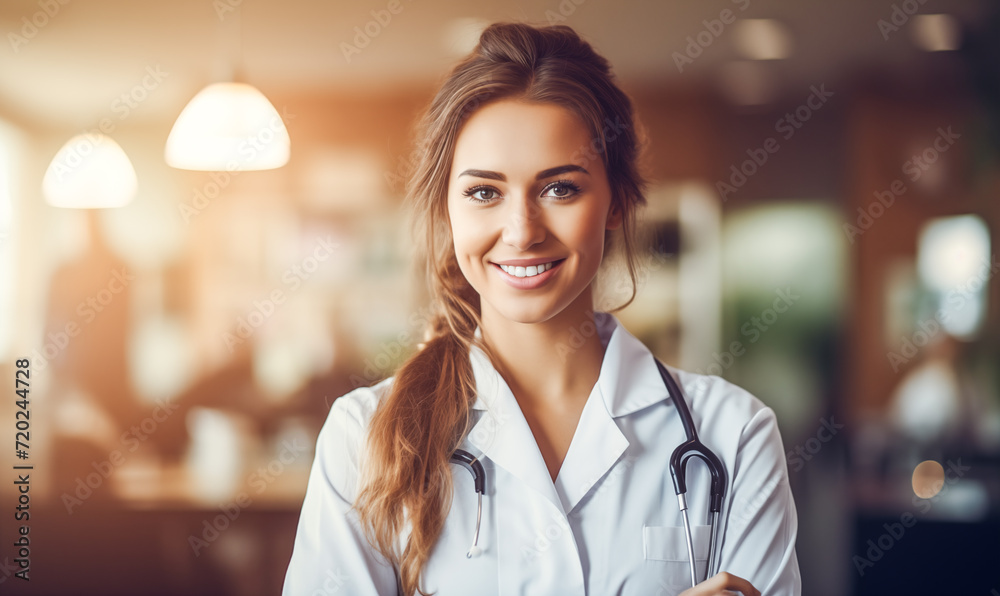 Portret pięknej kobiety lekarki uśmiechniętej, biały fartuch stetoskop i szpital w tle - obrazy, fototapety, plakaty 