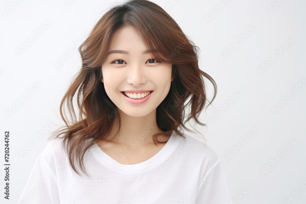 a lovely Asian girl with flawless skin and flowing long hair, set against a clean white background for a crisp and timeless aesthetic. Generative AI. a lovely Asian girl with flawless skin and flowing long hair, set against a clean white background for a crisp and timeless aesthetic. Generative AI.