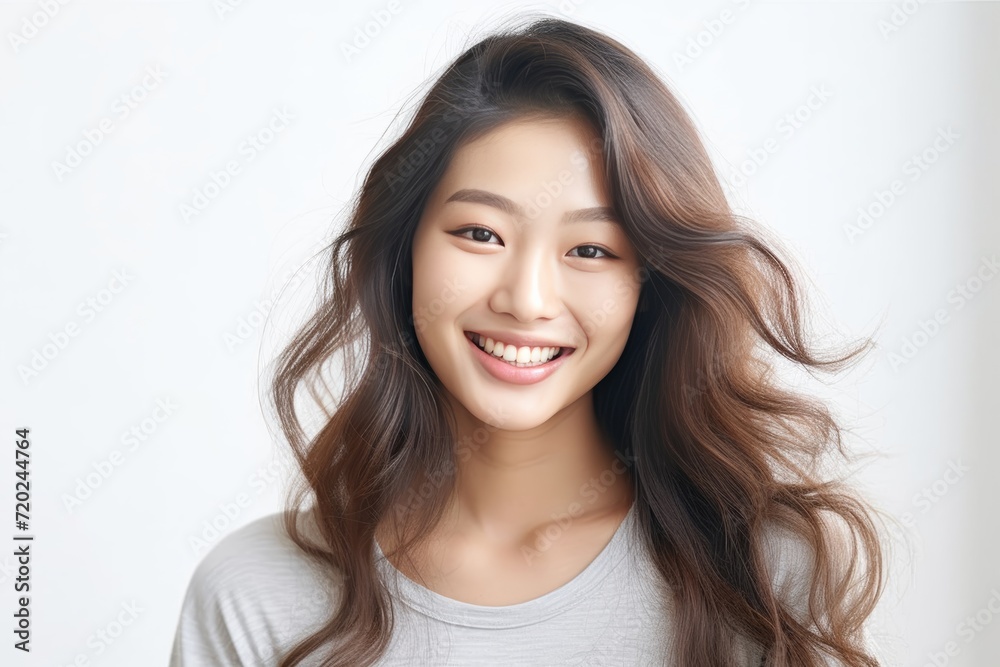 a lovely Asian girl with flawless skin and flowing long hair, set against a clean white background for a crisp and timeless aesthetic. Generative AI. a lovely Asian girl with flawless skin and flowing long hair, set against a clean white background for a crisp and timeless aesthetic. Generative AI.