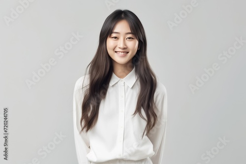 a lovely Asian girl with flawless skin and flowing long hair, set against a clean white background for a crisp and timeless aesthetic. Generative AI.