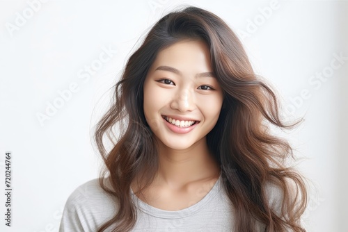 a lovely Asian girl with flawless skin and flowing long hair, set against a clean white background for a crisp and timeless aesthetic. Generative AI.