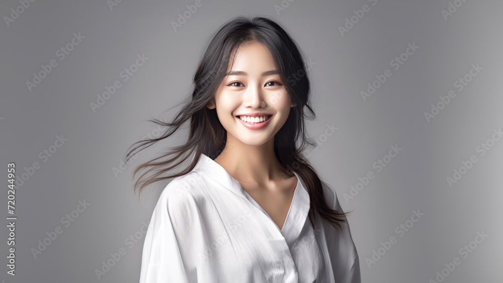 pretty Asian girl showcases flawless skin and flowing long hair in a striking photo, set against a pristine white background for a timeless and clean look. Generative AI. pretty Asian girl showcases flawless skin and flowing long hair in a striking photo, set against a pristine white background for a timeless and clean look. Generative AI.