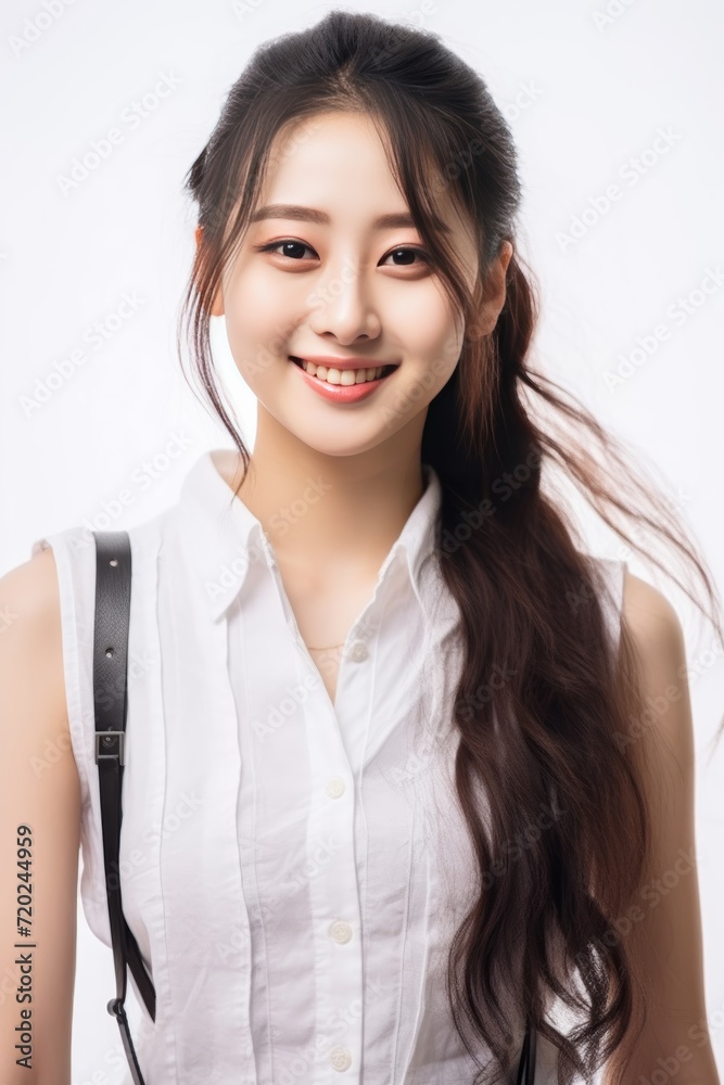 Asian girl with perfect skin and long, luxurious hair poses against a white backdrop, epitomizing beauty and simplicity. Generative AI. Asian girl with perfect skin and long, luxurious hair poses against a white backdrop, epitomizing beauty and simplicity. Generative AI.