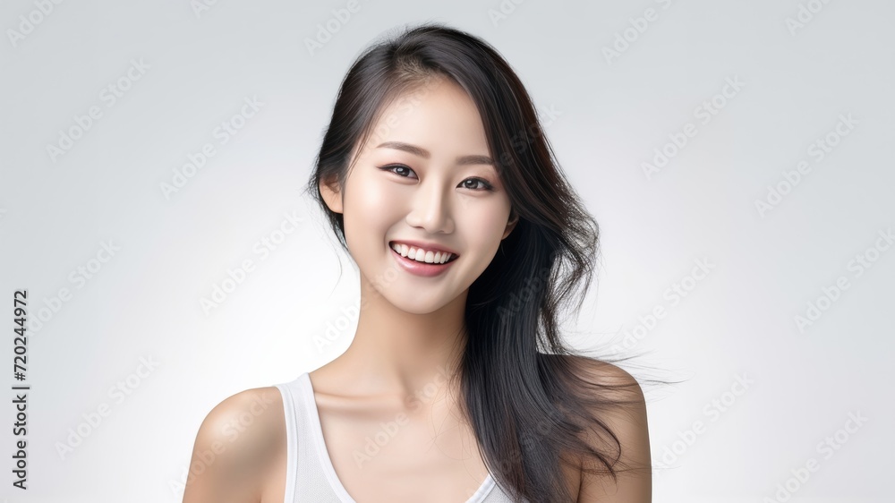 Asian girl with perfect skin and long, luxurious hair poses against a white backdrop, epitomizing beauty and simplicity. Generative AI. Asian girl with perfect skin and long, luxurious hair poses against a white backdrop, epitomizing beauty and simplicity. Generative AI.