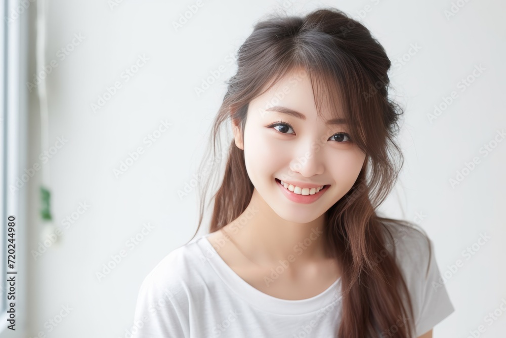 Asian girl with perfect skin and long, luxurious hair poses against a white backdrop, epitomizing beauty and simplicity. Generative AI. Asian girl with perfect skin and long, luxurious hair poses against a white backdrop, epitomizing beauty and simplicity. Generative AI.