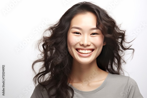 pretty Asian girl showcases flawless skin and flowing long hair in a striking photo, set against a pristine white background for a timeless and clean look. Generative AI.