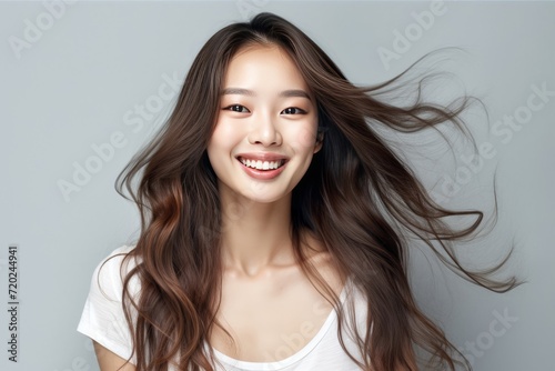pretty Asian girl showcases flawless skin and flowing long hair in a striking photo, set against a pristine white background for a timeless and clean look. Generative AI.