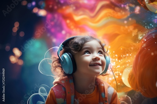 Child listening with colorful sound waves, hearing health concept. photo