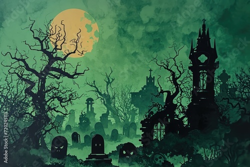 A spooky graveyard at night with tombstones, fog, and ominous moonlight Graveyard At Night Spooky Cemetery