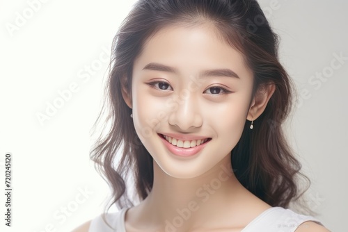 Asian girl with perfect skin and long, luxurious hair poses against a white backdrop, epitomizing beauty and simplicity. Generative AI.