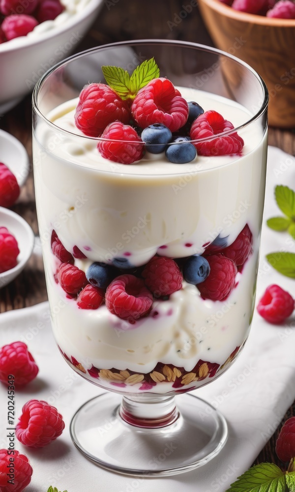 a delectable scene featuring a glass filled with fresh and tasty yogurt a delectable scene featuring a glass filled with fresh and tasty yogurt