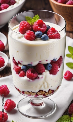 a delectable scene featuring a glass filled with fresh and tasty yogurt