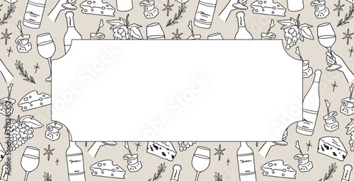 おしゃれなワインやチーズ、葡萄、おつまみや装飾などの手描き風ベクターイラストのシームレス背景 Seamless background of hand-drawn vector illustration of stylish wine, cheese, grapes, snacks and decorations.