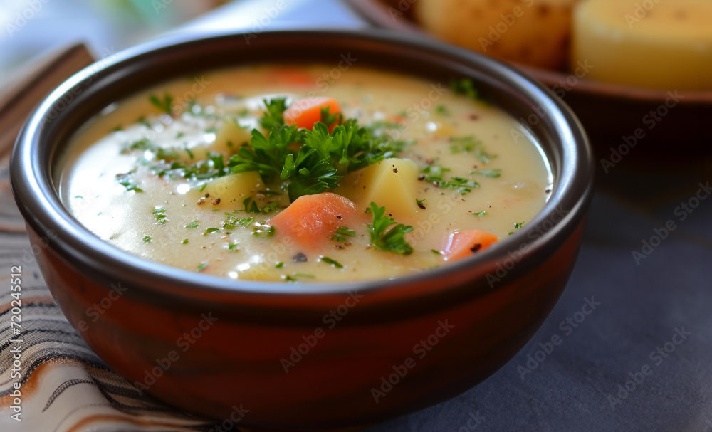 Bowl of creamy potato soup on wooden table, cooking and healthy eating concept