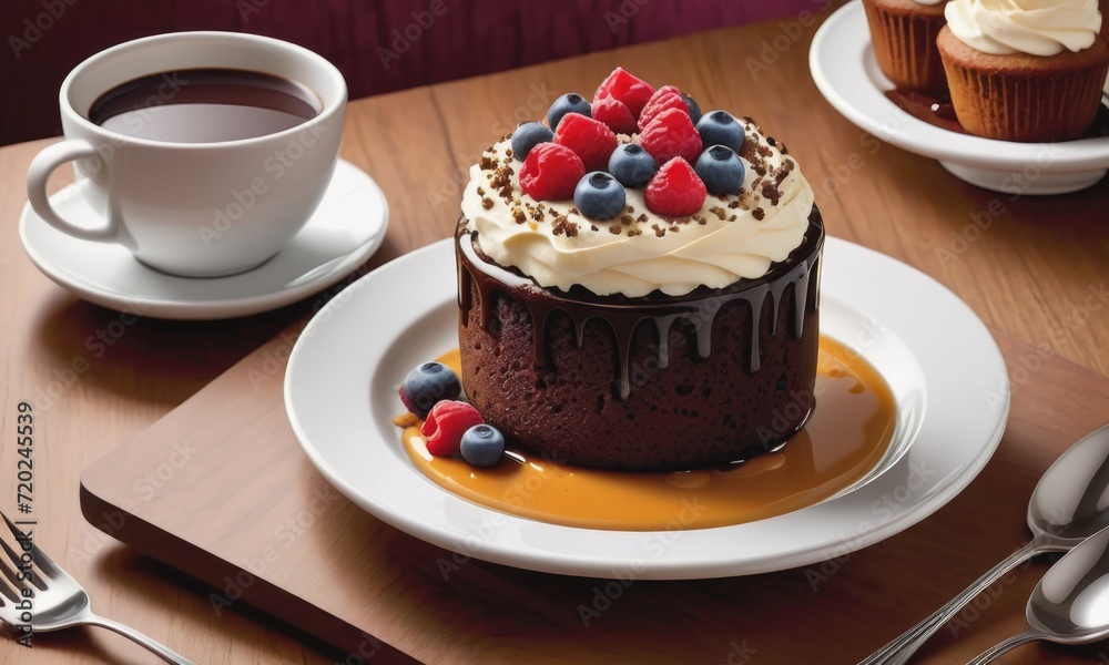 a delectable scene featuring a mug cake freshly cooked in the microwave.