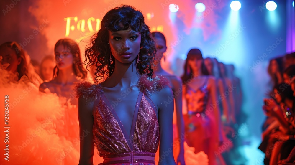 Model in glitter dress fronting a runway show under warm lights Model in glitter dress fronting a runway show under warm lights