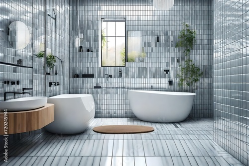 modern bathroom with silver tile walls and white tiles on the floor