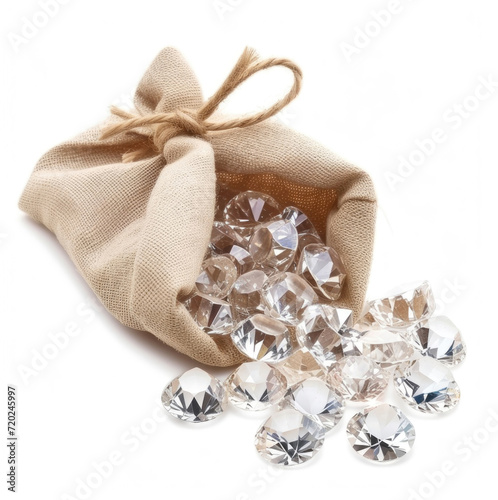 A linen pouch filled with sparkling diamonds on a white backdrop © Venka