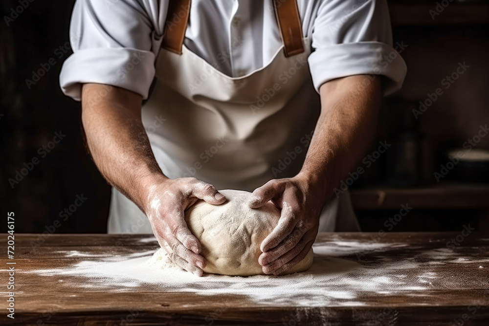 Beautiful and strong men's hands baker chef knead the dough on the wooden table  make for bread, pasta or pizza. Lifestyle concept suitable for meals and breakfast. Close-up.