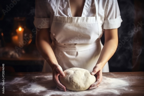 Beautiful and strong women's hands baker chef knead the dough on the wooden table make for bread, pasta or pizza. Lifestyle concept suitable for meals and breakfast. Close-up.