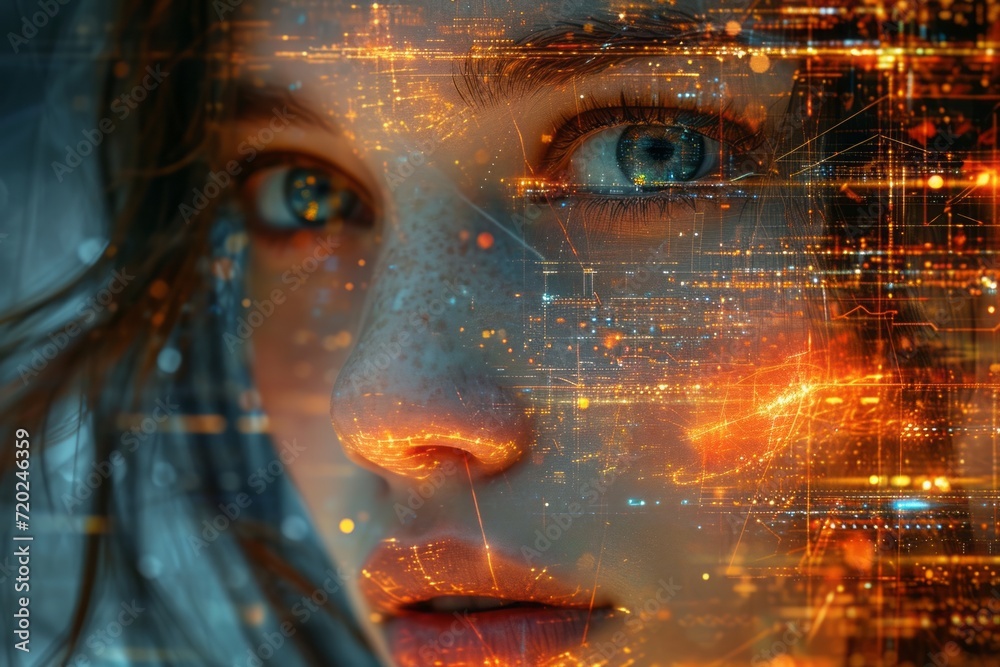 Futuristic portrait blending a woman's face with digital circuitry