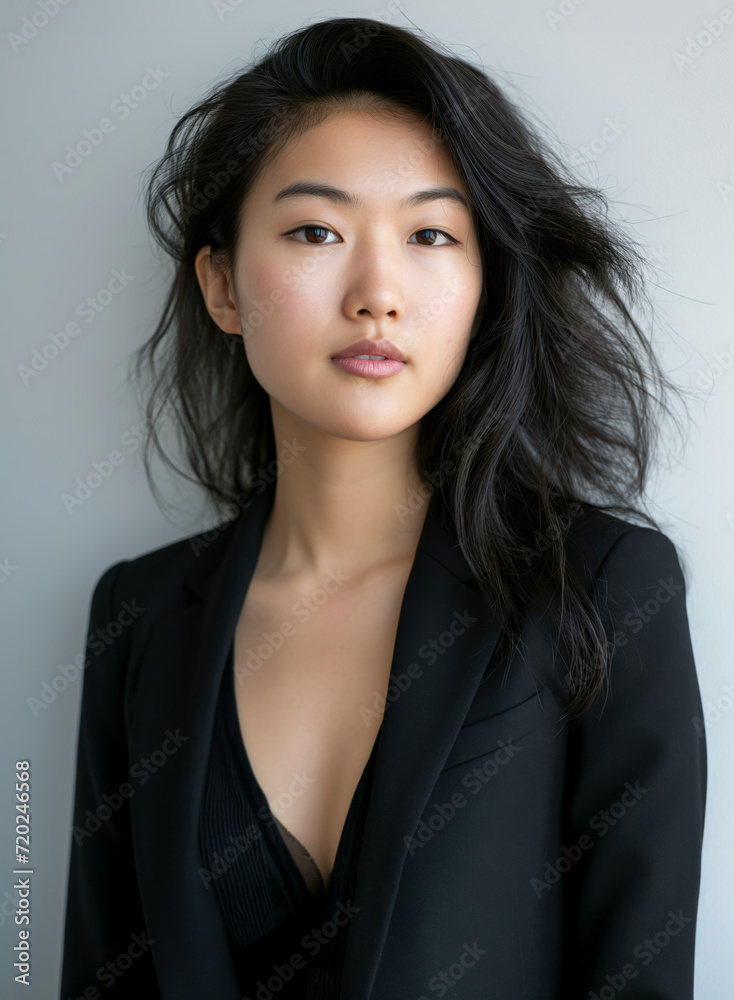 Head portrait of an expressive woman. Gray background.Asian
Head portrait of an expressive woman. Gray background.Asian