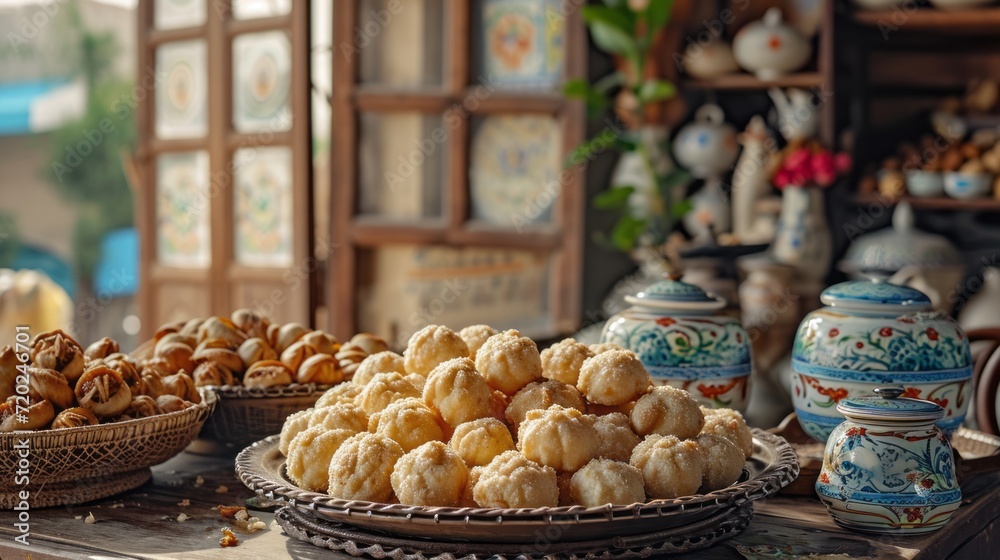A spread of Maamoul cookies in a traditional kitchen with ceramic jars