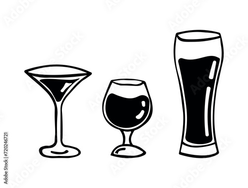 Vector illustration of glasses for alcohol. Set of flat glass icons. Outline symbols for web design, application. Elements for printing on isolated background. Signs for business card, sticker, logo. 