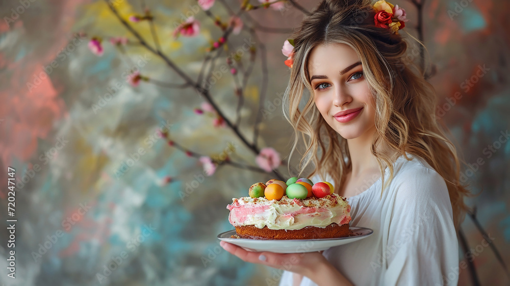 A beautiful young woman holds an Easter cake and colorful eggs on a decorative plate