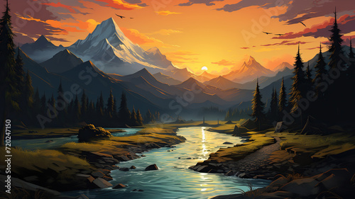 Beautiful illustration of a mountain landscape with a river at sunset or dawn. Generated by artificial intelligence