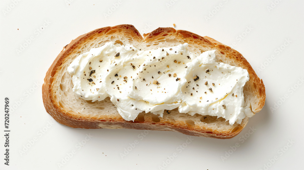 Slice of bread with cream cheese isolated on white background