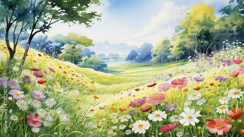a painting of meadow and flowers in spring watercolor style