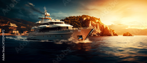 Luxury yacht or ship, motor boat on the sea. Yachting. view of seascape. Panoramic background. Generative ai