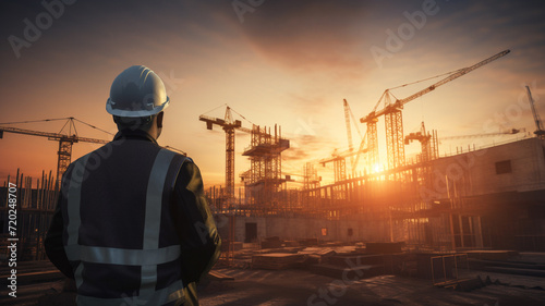 back view of engineer standing and looking at construction site at sunset © Yuwarin