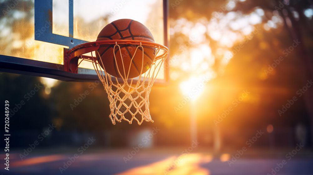 Ball in basketball hoop at sunrise - obrazy, fototapety, plakaty 