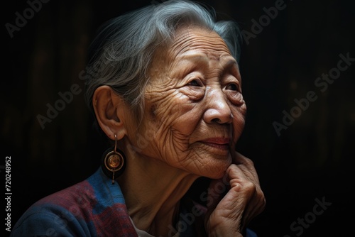 Asian old woman with deafness and open ears.