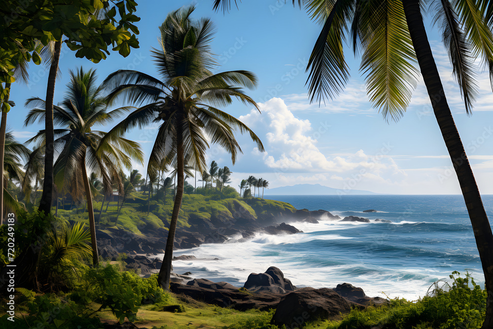 Fototapeta premium View of palm trees and sea at beach, sky and clouds
