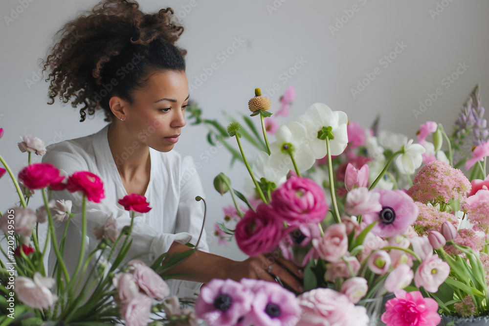 black woman florist works with spring flowers, makes bouquets and compositions from flowers, in a flower shop black woman florist works with spring flowers, makes bouquets and compositions from flowers, in a flower shop