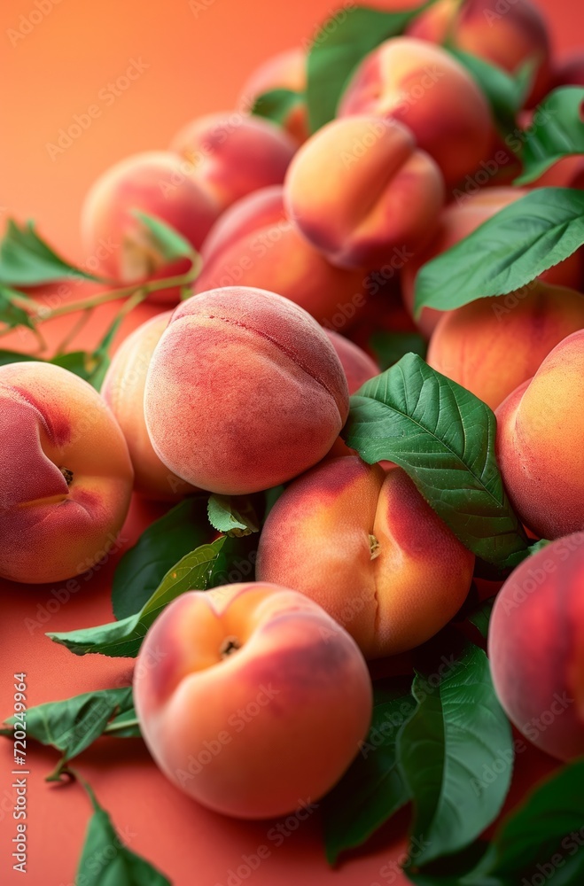 A vibrant composition of fresh peaches with green leaves on a vivid orange background