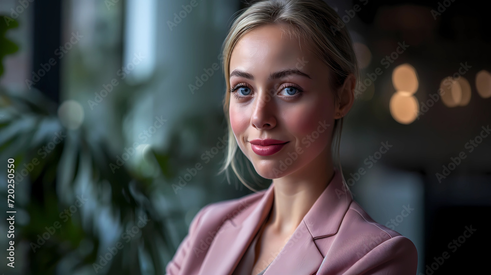 Close up portrait of a beautiful attractive blonde girl wearing pink blazer with her hair tied smiling to camera. Photography of businesswoman in the office. Close up portrait of a beautiful attractive blonde girl wearing pink blazer with her hair tied smiling to camera. Photography of businesswoman in the office.