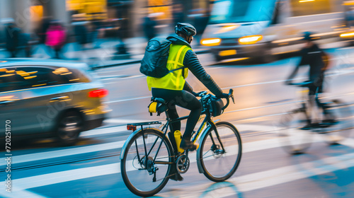 a bicycle rider wearing a bright yellow safety vest, navigating the bustling city streets. The scene captures the cyclist in motion, sharply focused against a blur of urban activity © Christian