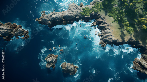 Aerial view of green woods and blue sea water coastline in summer scenic beach