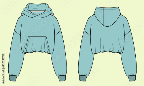 Ladieswear Athleisure Long Sleeve Drop Shoulder Oversize Crop Hoodie with Kangaroo Pockets - Front and Back View - Vector Flat Sketch photo