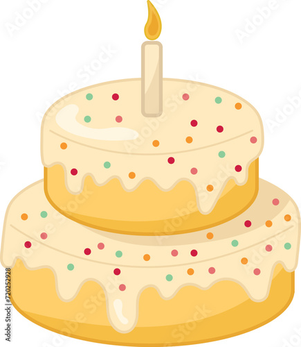 birthday cake with candle isolated on white background. cartoon sticker funny style illustration of baby bday cake. orange cream party cake