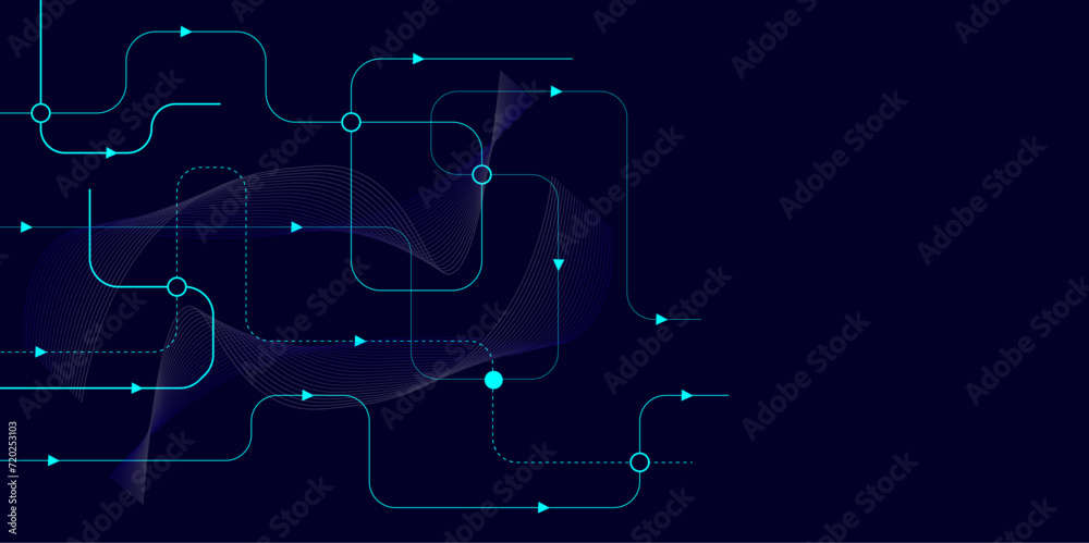 Naklejka premium Vector illustration fantastic digital technology. Technology lines circuit and dots on blue background, circuit board network connection.
