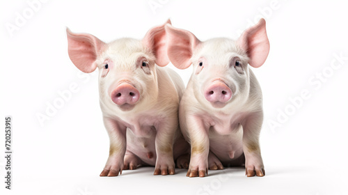 Two cute pigs isolated on white background. Studio shot. Side view.
