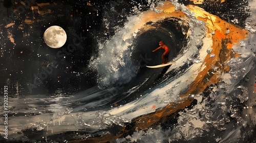 Surfing tube wave illustrations abstract art. Sufer girl on surfboard full moon at background. Artwork mixed media with silver leaf accents. photo