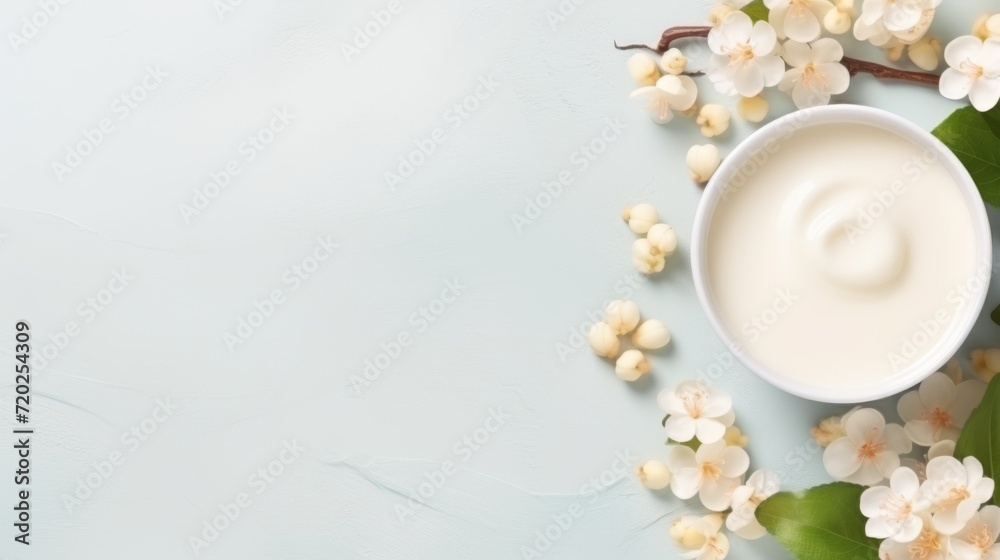 Cup of milk cream, apple blossom, background, top view, copy space Cup of milk cream, apple blossom, background, top view, copy space
